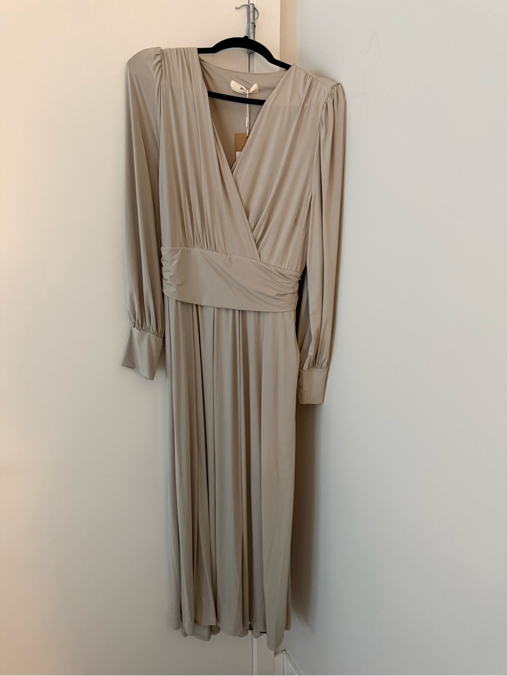 Long Sleeve Beige V-Neck Maxi Dress with Draped Waist